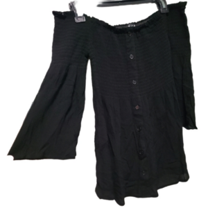 Black Off-Shoulder Smocked Peasant Cottage Core Flounce Flowy Long Sleeve Top